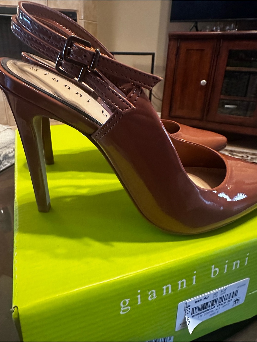 Gianni Bini Tan Patent Pointed-Toe Slingback Heels